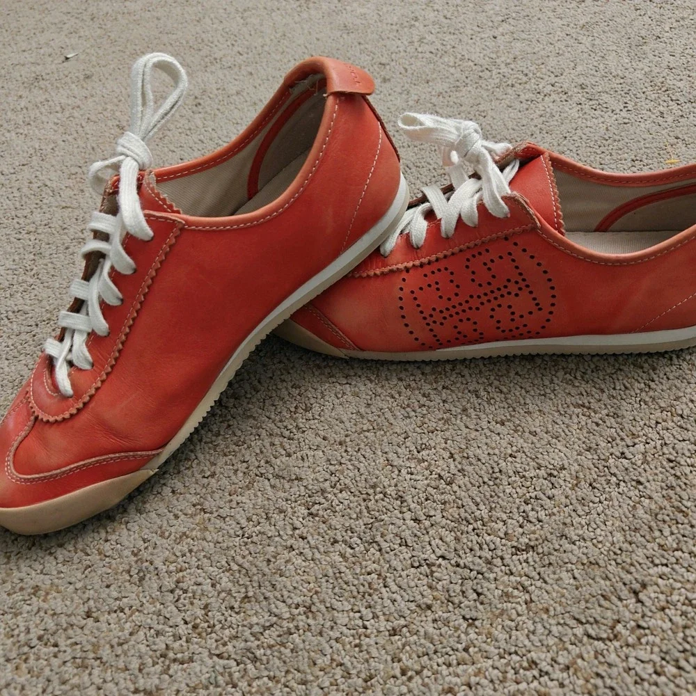 Tory Burch Women Orange Leather Perforated Logo Low Top Sneakers 9M 11128500